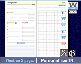SnB Personal TN - Sabrina Color - Week on 2 pages - 2025 / 2026 - Printable Weekly inserts for Traveler's Notebooks