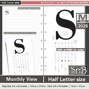 SnB Half Letter rings - Typo Edition - Monthly View - 2025 - Printable Monthly inserts for Half Letter / FC CLASSIC BINDERS
