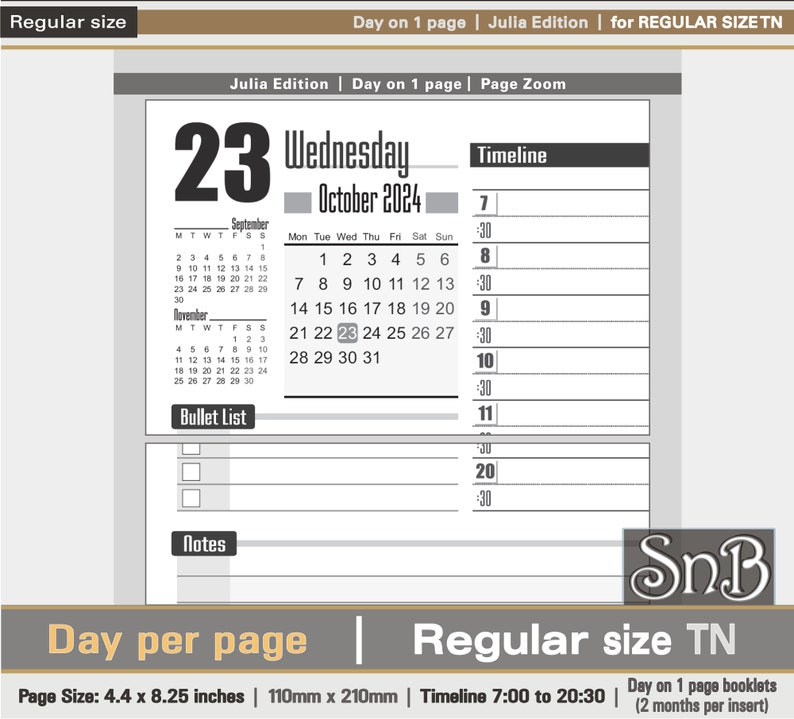 SnB RG Julia Edition Day on 1 page 2023 / 2024 Printable Daily inserts for Traveler's Notebooks image 2