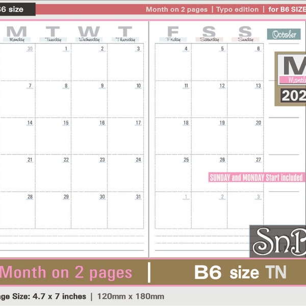 SnB B6 - Typo Edition - Month on 2 pages - 2023 / 2024 - Printable Monthly insert for Traveler's Notebooks