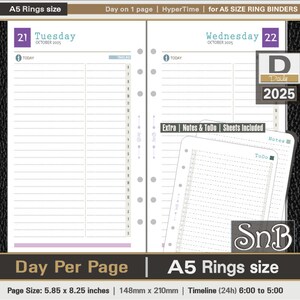 SnB A5 rings - HyperTime - Day on 1 page - 2025 - Printable Daily inserts for Filofax / ring binders