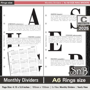 SnB A6 rings - Monthly Dividers - Printable inserts for Ring Binders