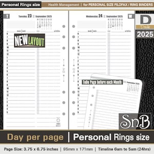 SnB Personal rings - Health Management - Day on 1 page - 2025 - Printable Daily inserts for Filofax / Ring Binders