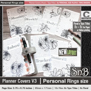 May include: A set of 16 printable planner covers for personal size ring binders. The covers feature floral and typographic designs in black and white on a newspaper background. The covers are 3.75 inches by 6.75 inches and are available in 8 floral and 8 typographic designs.