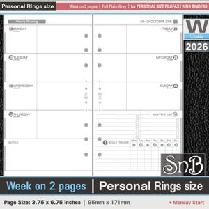 SnB Personal rings - Full Plain Grey - Week on 2 pages - 2025 / 2026 - Printable Weekly inserts for Filofax / Ring Binders