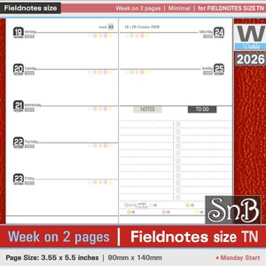 May include: A weekly planner with a red leather-like cover. The planner is open to a two-page spread, displaying the days of the week from Monday to Sunday. The page size is 3.55 x 5.5 inches. The planner includes space for notes and a to-do list.