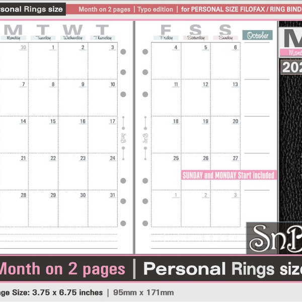 SnB Personal rings - Typo Edition - Month on 2 pages - 2023 / 2024 - Printable Monthly inserts for Filofax / Ring Binders