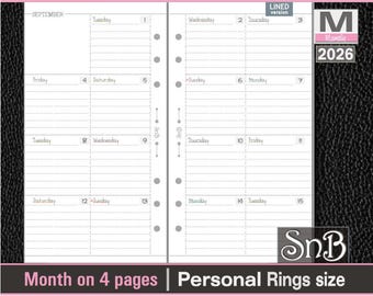 SnB Personal rings - Half month spreads - 2025 / 2026 - Printable Monthly inserts for Filofax / Ring Binders