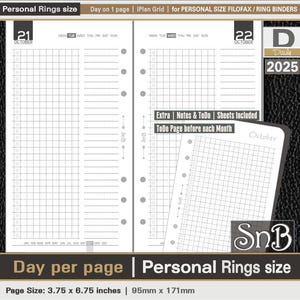 SnB Personal rings - iPlan Grid - Day on 1 page - 2025 - Printable Daily inserts for Filofax / Ring Binders