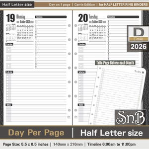 SnB Half Letter rings - Carrie Edition - Day on 1 page - end2025 / 2026 - Printable Daily inserts for Half Letter / FC CLASSIC BINDERS