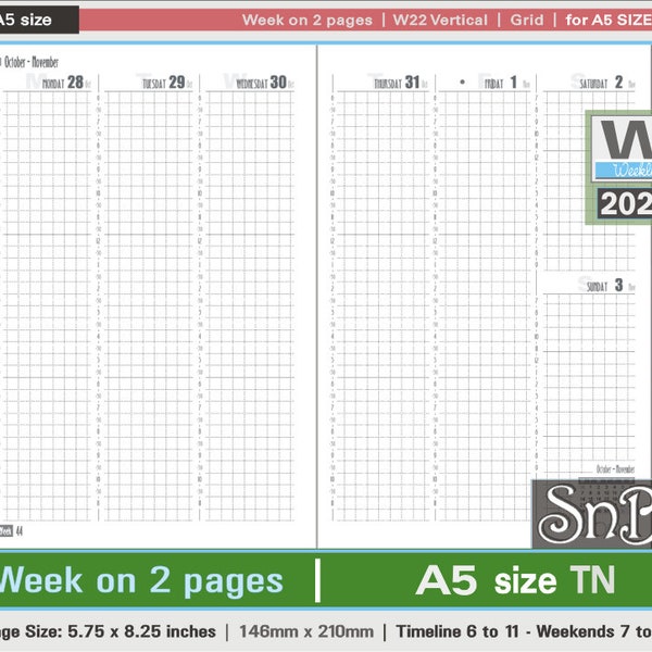 SnB A5 TN - W22 Vertical Grid - Week on 2 pages - 2023 / 2024 - Printable Weekly inserts for Traveler's Notebooks