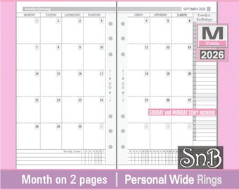 SnB Personal Wide - SmartPlan - Month on 2 pages - 2025 / 2026 - Printable Monthly inserts for Ring Binders