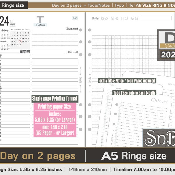 SnB A5 rings - Typo Edition - Day on 2 pages - for A5 and Letter paper - 2023 / 2024 - Printable Daily inserts for Filofax / Ring Binders