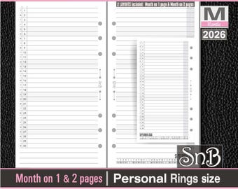 SnB Personal rings - Lined Month on 1 pages and on 2 pages - 2025 / 2026 - Printable Monthly inserts for Filofax / Ring Binders