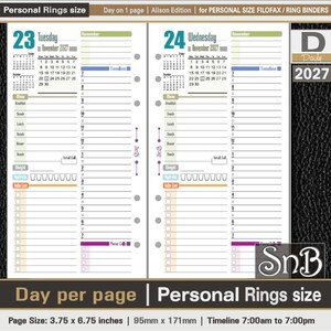 SnB Personal rings - Alison Edition - Day on 1 page - 2027 - Printable Daily inserts for Filofax / Ring Binders