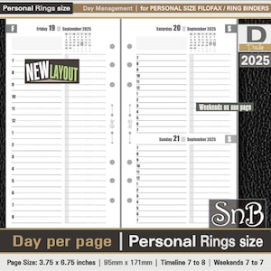 SnB Personal rings - Day Management - Day on 1 page - 2025 - Printable Daily inserts for Filofax / Ring Binders