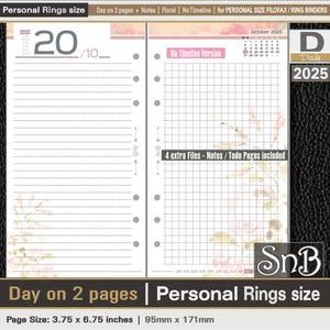 SnB Personal rings - Floral - NoTimeline - Day on 2 pages - 2025 - Printable Daily inserts for Filofax / Ring Binders