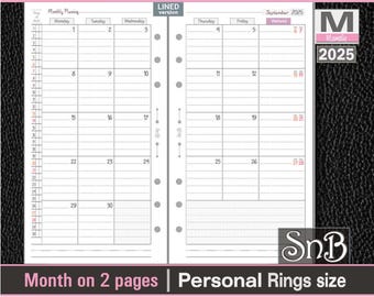 SnB Personal rings - Small Weekends V2 - Month on 2 pages - 2025 - Printable Monthly inserts for Filofax / Ring Binders