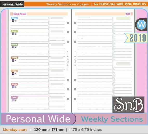 snb personal wide weekly sections on 2 pages 2018 2019 etsy 2 pages