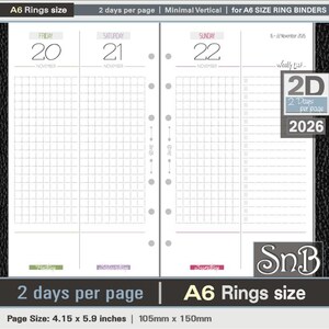 SnB A6 rings - Minimal Vertical - 2 days per page - end2025 / 2026 - Printable Daily inserts for Ring Binders