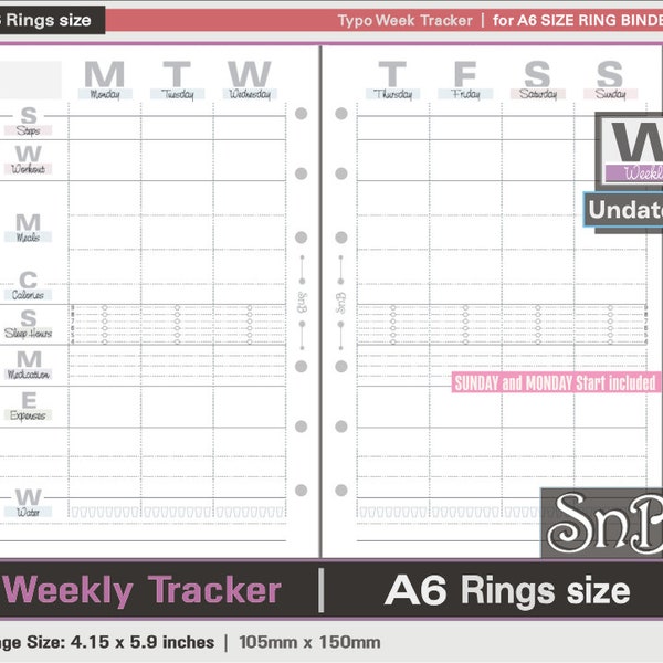 SnB A6 rings - Typo Edition - Weekly Tracker - Undated - Printable Weekly inserts for Ring Binders