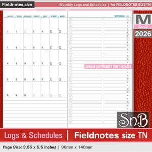 SnB FN  - Monthly Logs and Schedules - 2025 / 2026 - Printable Monthly insert for Traveler's Notebooks