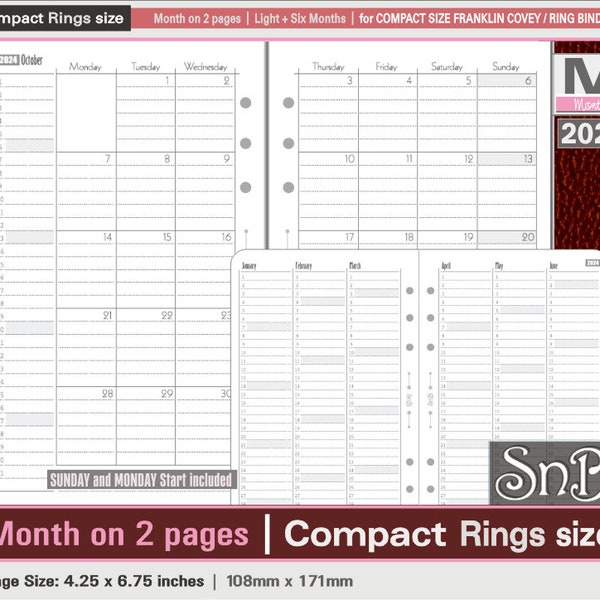 SnB Compact - Light Month on 2 pages + 6 months view - 2023 / 2024 - Printable Monthly inserts for Franklin Covey binders