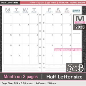 SnB Half Letter rings - Typo Edition - Month on 2 pages - 2025 - Printable Monthly inserts for Half Letter / FC CLASSIC BINDERS