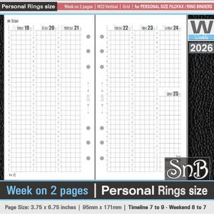 SnB Personal rings - W22 Vertical Grid - Week on 2 pages - 2025 / 2026 - Printable Weekly inserts for Filofax / Ring binders