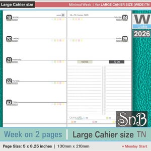 May include: A white planner with a teal cover, featuring a weekly layout for the week of October 19-25, 2026. The planner includes sections for notes and to-do lists, with a page size of 5 x 8.25 inches. The text "Week on 2 pages" is visible.