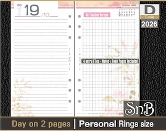 SnB Personal rings - Floral - NoTimeline - Day on 2 pages - 2026 - Printable Daily inserts for Filofax / Ring Binders