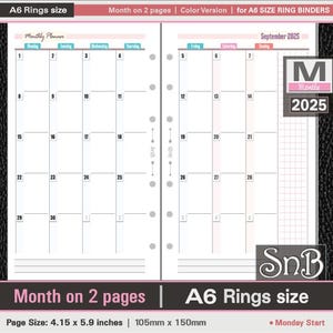 SnB A6 rings - Color Month on 2 pages - 2025 - Printable Monthly inserts for Ring Binders