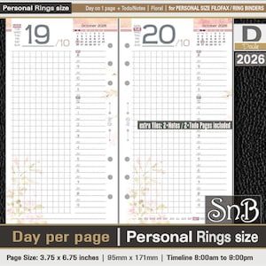 SnB Personal rings - Floral - Day on 1 page - 2025 / 2026 - Printable Daily inserts for Filofax / Ring Binders