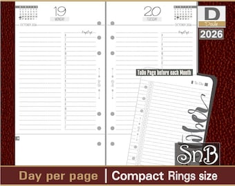 SnB Compact - Minimal - Lined - Day on 1 page - 2025 / 2026 - Printable Daily inserts for Franklin Covey binders