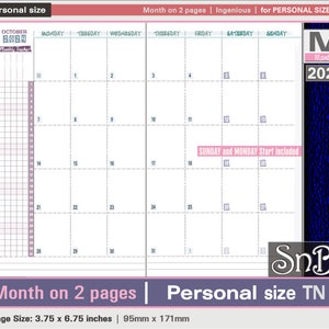 SnB Personal TN - Ingenious - Month on 2 pages - 2023 / 2024 - Printable Monthly insert for Traveler's Notebooks