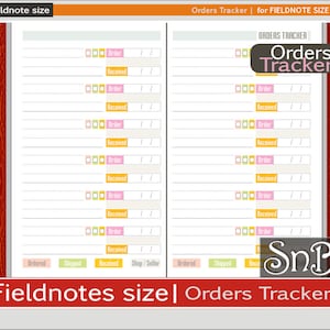 May include: A Fieldnote size orders tracker insert with two columns of lined entry fields. Each entry includes boxes for Order and Received dates, labeled with pink and orange accents. The bottom features color-coded labels for Ordered, Shipped, Received, and Shop/Seller. The text reads Orders Tracker and SnB.