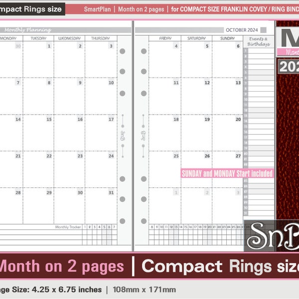 SnB Compact - SmartPlan - Month on 2 pages - 2023 / 2024 - Printable Monthly inserts for Franklin Covey binders