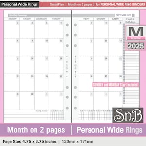 SnB Personal Wide - SmartPlan - Month on 2 pages - 2025 - Printable Monthly inserts for Ring Binders