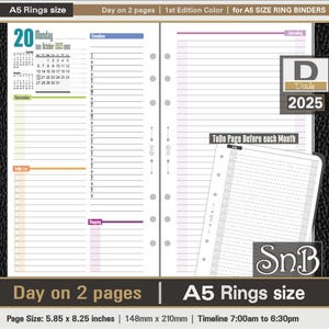 SnB A5 rings - Color First Edition - Day on 2 pages - 2025 - Printable Daily inserts for Filofax / Ring Binders