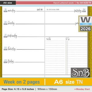 SnB A6 TN - Hand Lettered Week on 2 pages - 2025 / 2026 - Printable Weekly inserts for Traveler's Notebooks