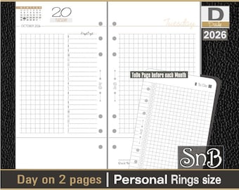 SnB Personal rings - Minimal Color - Grid - Day on 2 pages -  2025 / 2026 - Printable Daily inserts for Filofax / Ring Binders