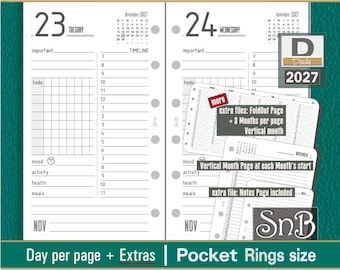 May include: A white paper planner insert for pocket-sized ring binders, featuring a day-on-one-page layout for November 2027. The page includes a timeline from 7:00 to 11:00, a to-do grid, and sections for mood, activity, health, and meals. Size is 3.3 x 4.7 inches.