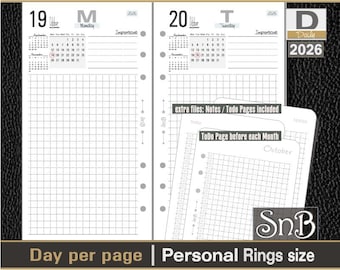 SnB Personal rings - Typo Grid - Day on 1 page - 2025 / 2026 - Printable Daily inserts for Filofax / Ring Binders