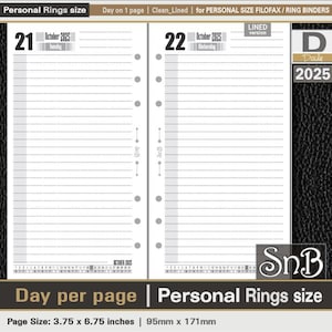 SnB Personal rings - Clean Edition - Lined - Day on 1 page - 2025 - Printable Daily inserts for Filofax / Ring Binders