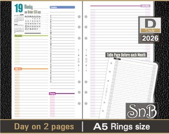 SnB A5 rings - Color First Edition - Day on 2 pages - 2026 - Printable Daily inserts for Filofax / Ring Binders
