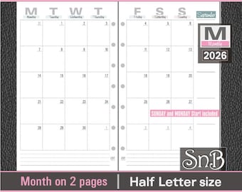 SnB Half Letter rings - Typo Edition - Month on 2 pages - 2025 / 2026 - Printable Monthly inserts for Half Letter / FC CLASSIC BINDERS