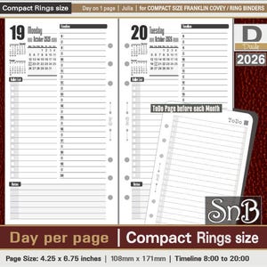 SnB Compact - Julia Edition - Day on 1 page - 2025 / 2026 - Printable Daily inserts for Franklin Covey binders