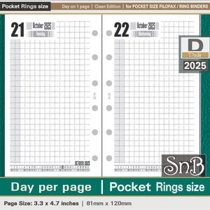 SnB Pocket rings -  Clean Edition - Day on 1 page - 2025 - Printable Daily inserts for Filofax / Ring Binders