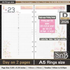 SnB A5 rings - Floral - Day on 2 pages - for A5 and Letter paper - 2024 / 2025 - Printable Daily inserts for Filofax / Ring Binders