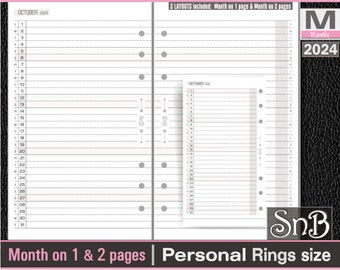 SnB Personal rings - V2 Lined Month on 1 pages and on 2 pages - 2023 / 2024 - Printable Monthly inserts for Filofax / Ring Binders